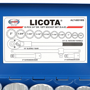 Licota ALT-6001WS Набор торцевых головок 3/4", 12-ти гранных, 15 пр., 7/8"-2"