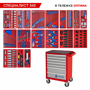 Набор инструментов 343 предмета, "СПЕЦИАЛИСТ 343", в красной тележке МАСТАК 52-07343R