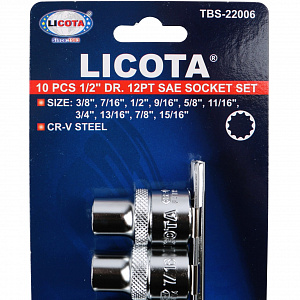 Licota TBS-22006 Набор торцевых головок 1/2" 12-ти гранных, 10 пр. на линейке, 3/8"-15/16"