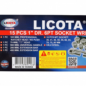 Licota TSK-20141-6 Набор торцевых головок 1", 6-ти гранных, 15 пр., 36-80 мм