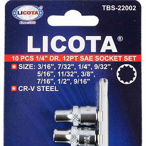 Licota TBS-22002 Набор торцевых головок 1/4" 12-ти гранных, 10 пр. на линейке, 3/16"-9/16"