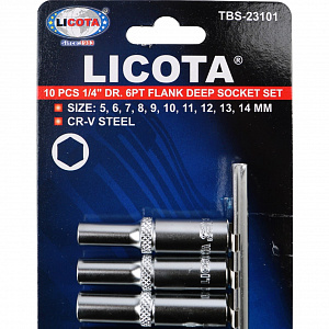 Licota TBS-23101 Набор глубоких торцевых головок 1/4" 6-ти гранных, 10 пр. на линейке, 5-14 мм