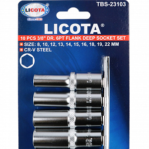 Licota TBS-23103 Набор глубоких торцевых головок 3/8" 6-ти гранных, 10 пр. на линейке, 8-22 мм