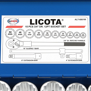 Licota ALT-6001W Набор торцевых головок 3/4", 12-ти гранных, 15 пр., 22-50 мм