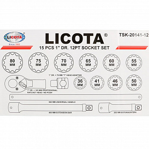 Licota TSK-20141-12 Набор торцевых головок 1", 12-ти гранных, 15 пр., 36-80 мм