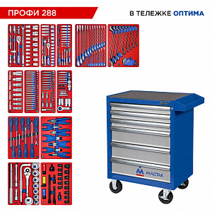 Набор инструментов 288 предметов, "ПРОФИ 288", в синей тележке МАСТАК 52-06288B