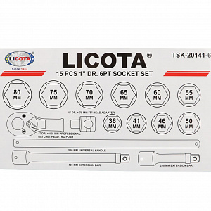 Licota TSK-20141-6 Набор торцевых головок 1", 6-ти гранных, 15 пр., 36-80 мм