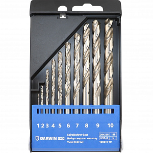 GARWIN INDUSTRIAL 100611-10 Набор сверл спиральных по металлу 1.0-10.0, шаг 1 мм, DIN 338, HSS-G, 10 предметов