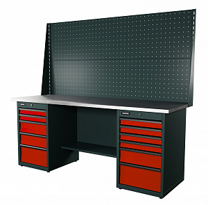 RUNTEC RTI20Z-TI5-TI6-P20-P20-3020 Верстак серии Industrial, 2000 мм, оцинк, тумба с 5-ю ящиками + тумба с 6-ю ящиками, экран 1000, красный RAL 3020