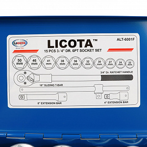Licota ALT-6001F Набор торцевых головок 3/4", 6-ти гранных, 15 пр., 22-50 мм