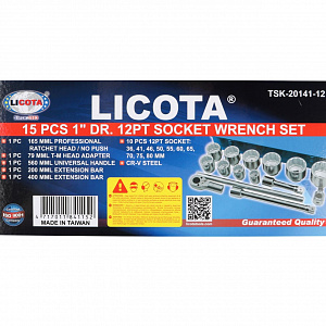 Licota TSK-20141-12 Набор торцевых головок 1", 12-ти гранных, 15 пр., 36-80 мм