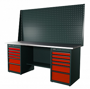 RUNTEC RTI20Z-TI6-TI6-P20-P20-3020 Верстак серии Industrial, 2000 мм, оцинк, тумба с 6-ю ящиками + тумба с 6-ю ящиками, экран 1000, красный RAL 3020