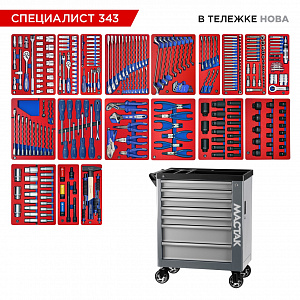 Набор инструментов 343 предмета, "СПЕЦИАЛИСТ 343", в серой тележке МАСТАК 50-07343G
