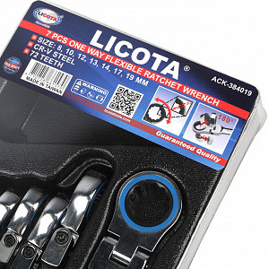 Licota ACK-384019 Набор ключей комбинированных трещоточных гибких 7 пр. 8- 19 мм, в ложементе