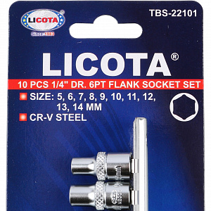 Licota TBS-22101 Набор торцевых головок 1/4" 6-ти гранных, 10 пр. на линейке, 5-14 мм